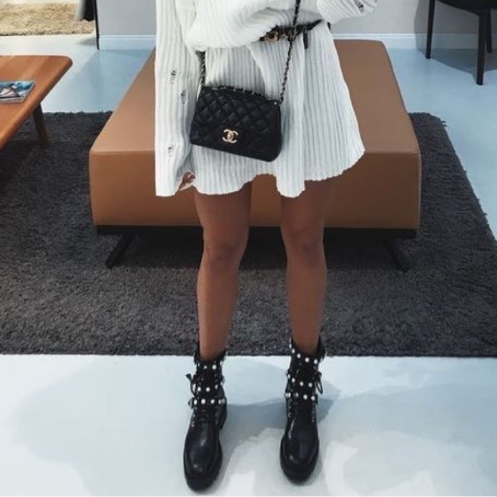 Zara Moto Boots w/ Faux Pearls & Studded Detail